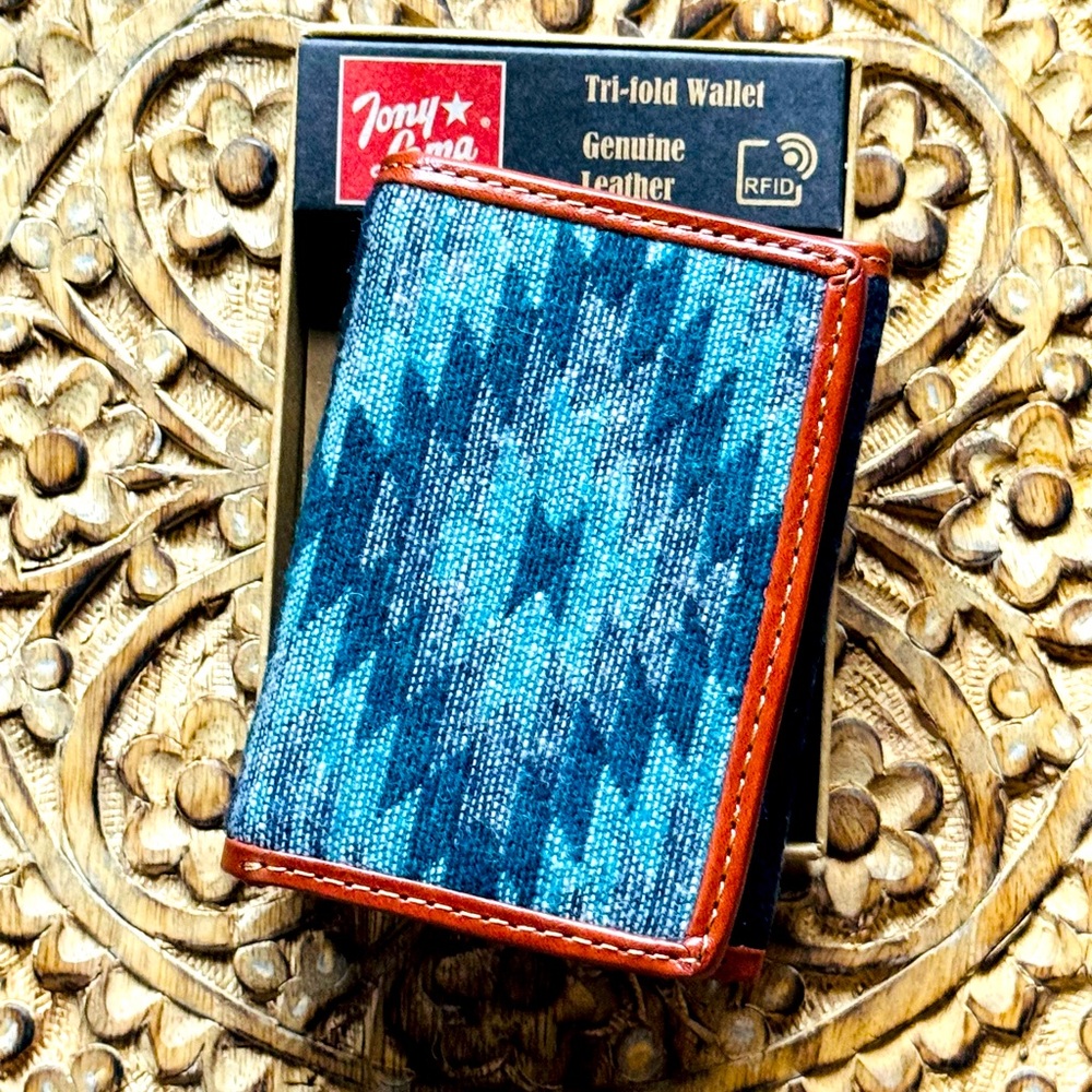 Tony Lama RFID Trifold Wallet – Genuine Leather & Fabric NIB